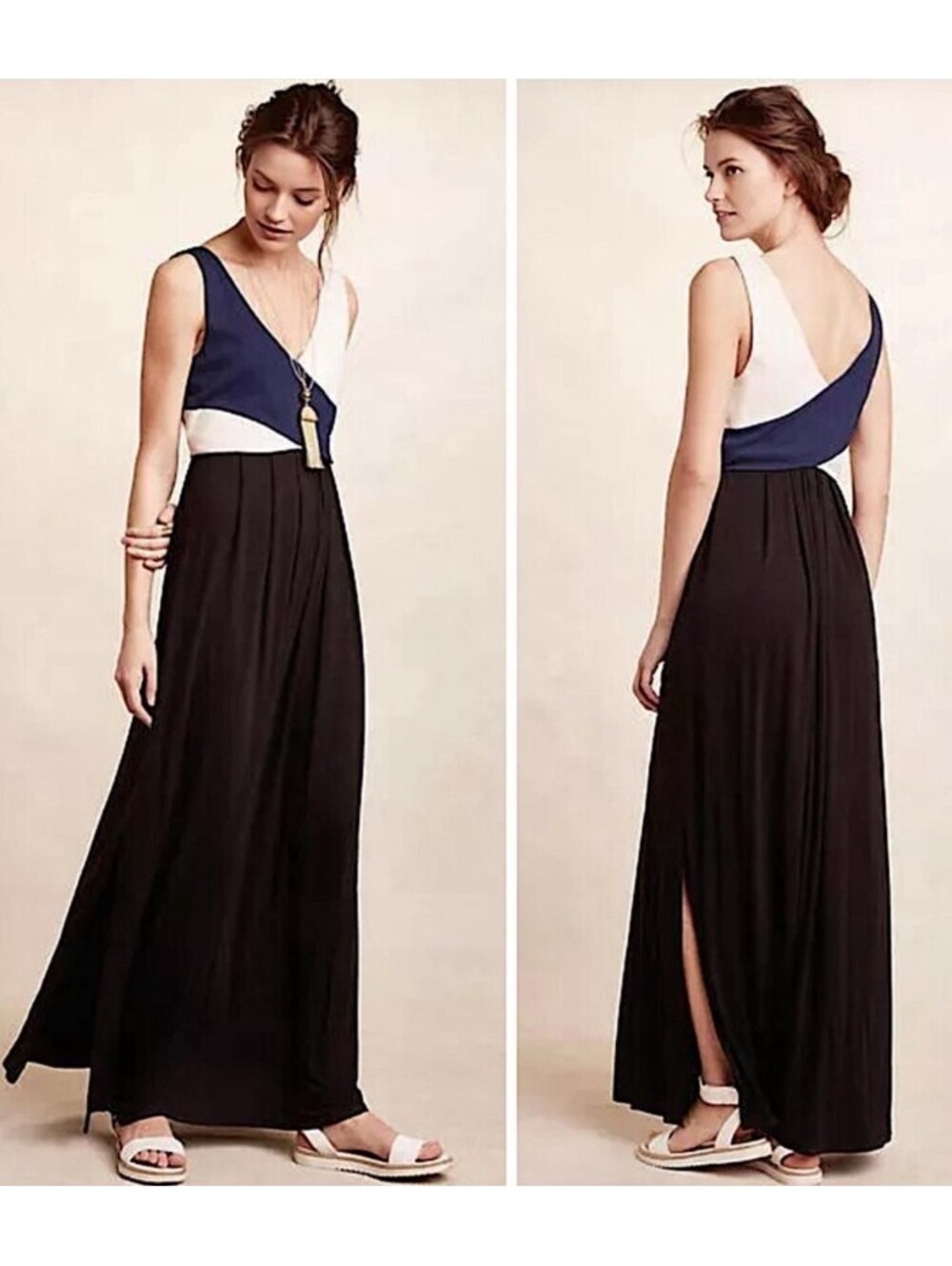 Maeve NWT Anthropologie Elysian Colorblock V-Neck Maxi Dress Navy Black XS